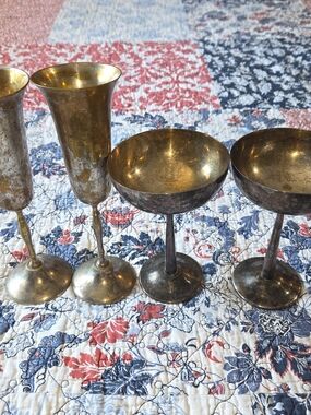 Antique-Style Silver-plated Goblet and Champagne Lot. Rough Finish.